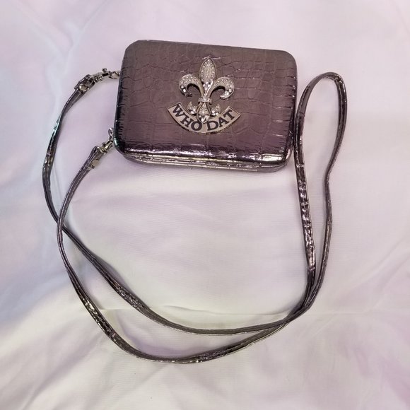 WHO DAT Wallet w Strap Silver Metallic Crock Pattern - Picture 5 of 6